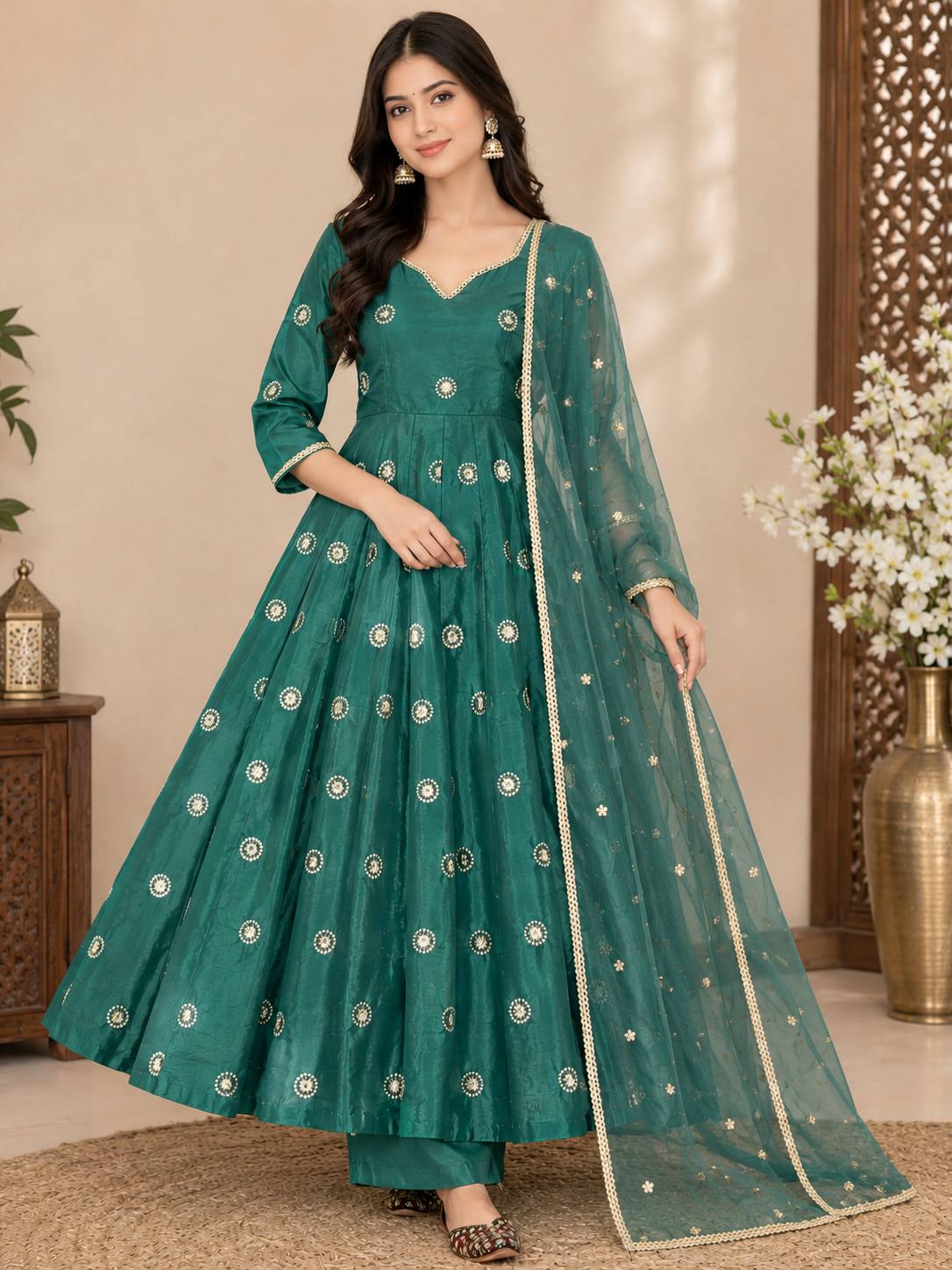 Emerald Green Shimmer Silk Anarkali Suit Set with Sequin Embroidery, Pant & Net Dupatta