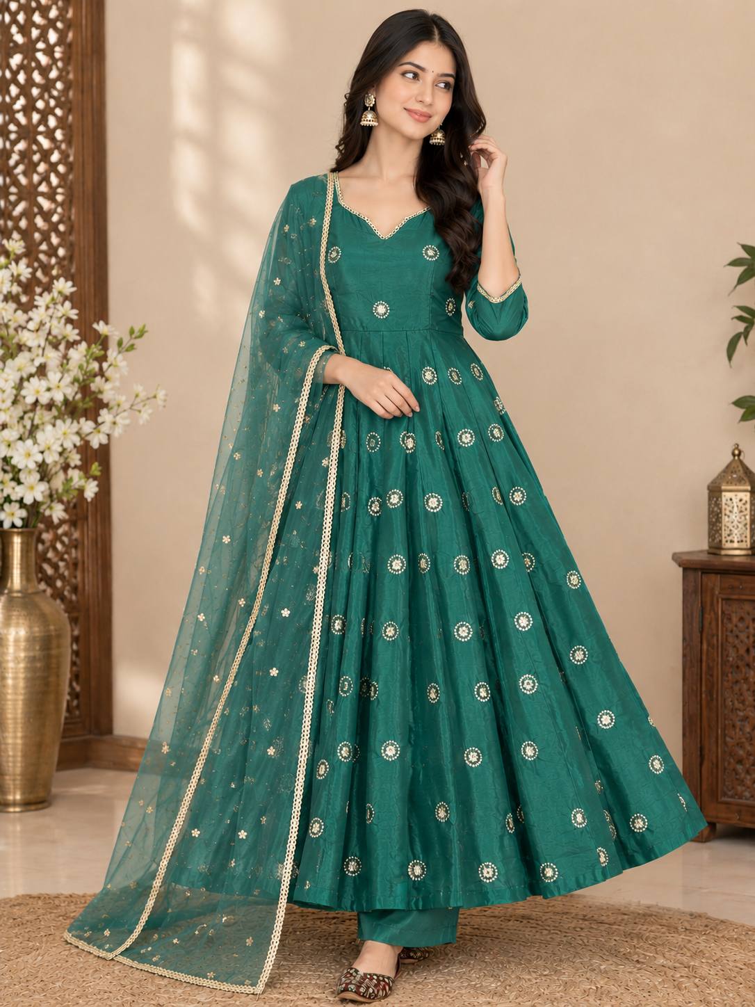 Emerald Green Shimmer Silk Anarkali Suit Set with Sequin Embroidery, Pant & Net Dupatta