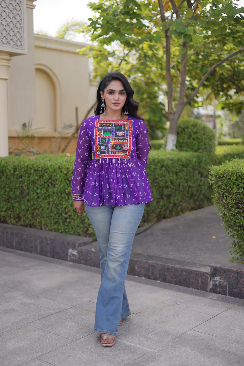 Bandhani Kutchi Gamthi Patchwork Georgette Festive Peplum Top For Navratri