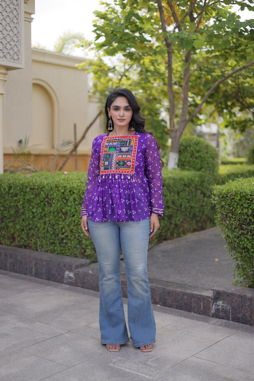 Bandhani Kutchi Gamthi Patchwork Georgette Festive Peplum Top For Navratri