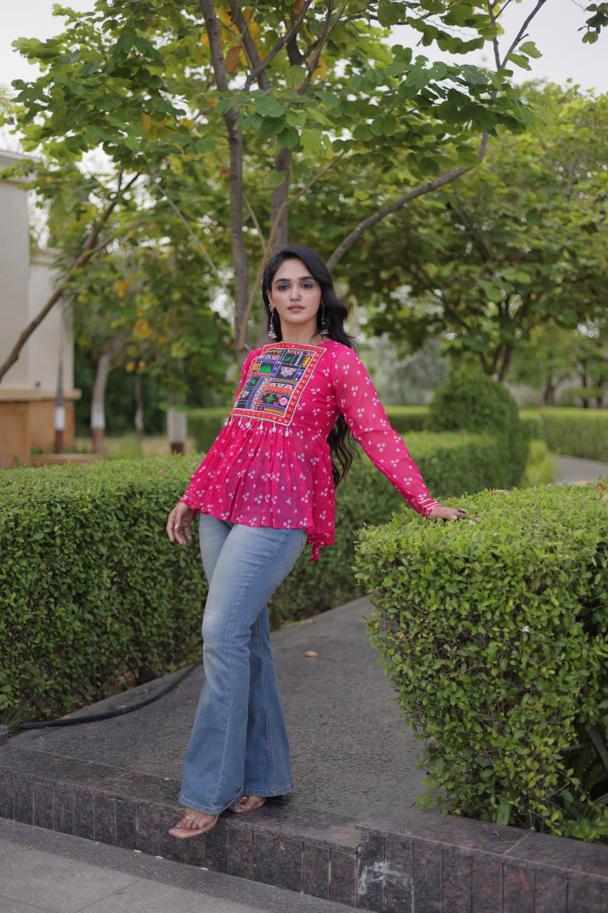 Bandhani Kutchi Gamthi Patchwork Georgette Festive Peplum Top For Navratri