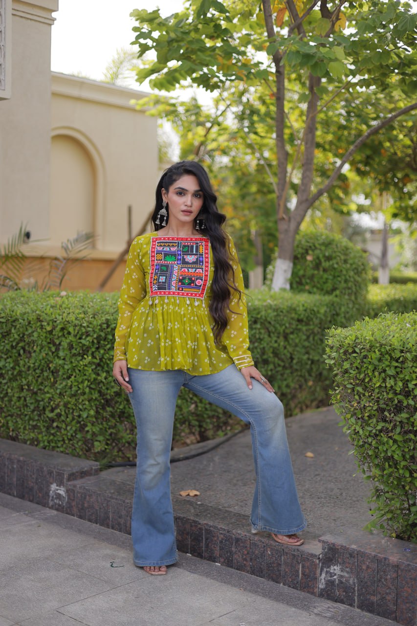 Bandhani Kutchi Gamthi Patchwork Georgette Festive Peplum Top For Navratri