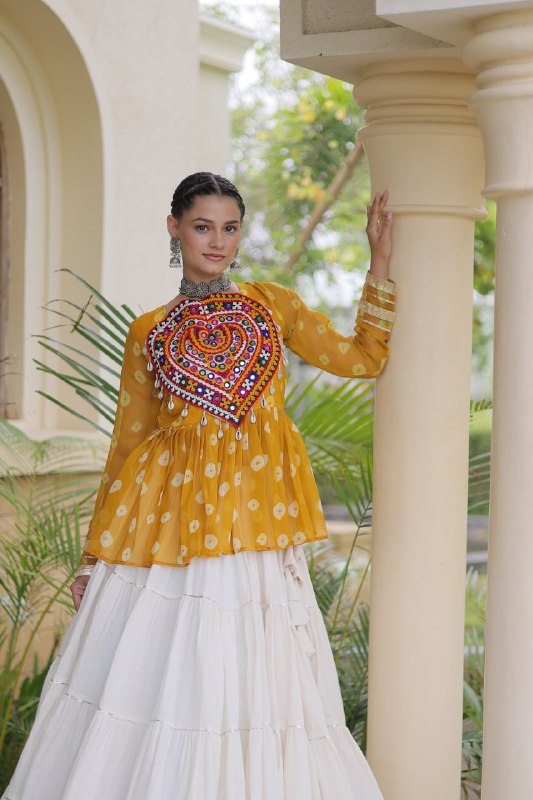 Royal Bandhani Kutchi Patchwork Top with White Flared Festive Lehenga