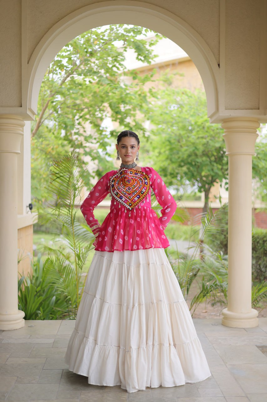 Royal Bandhani Kutchi Patchwork Top with White Flared Festive Lehenga