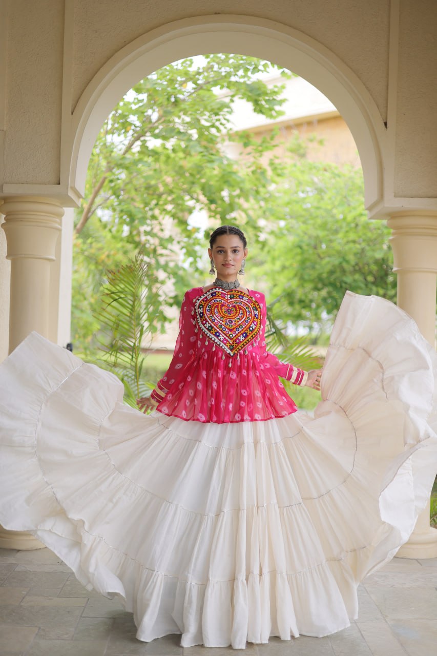 Royal Bandhani Kutchi Patchwork Top with White Flared Festive Lehenga
