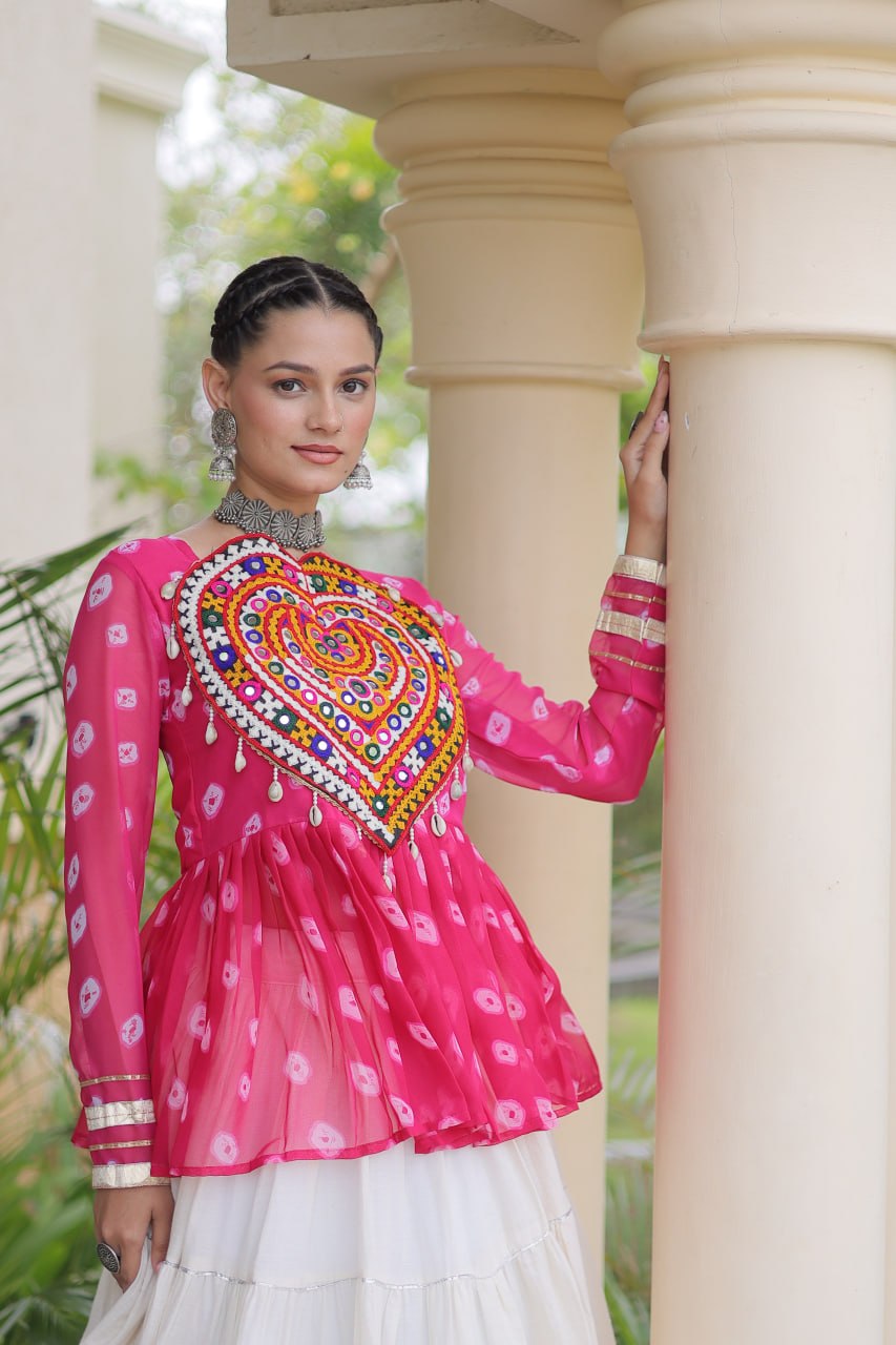 Royal Bandhani Kutchi Patchwork Top with White Flared Festive Lehenga