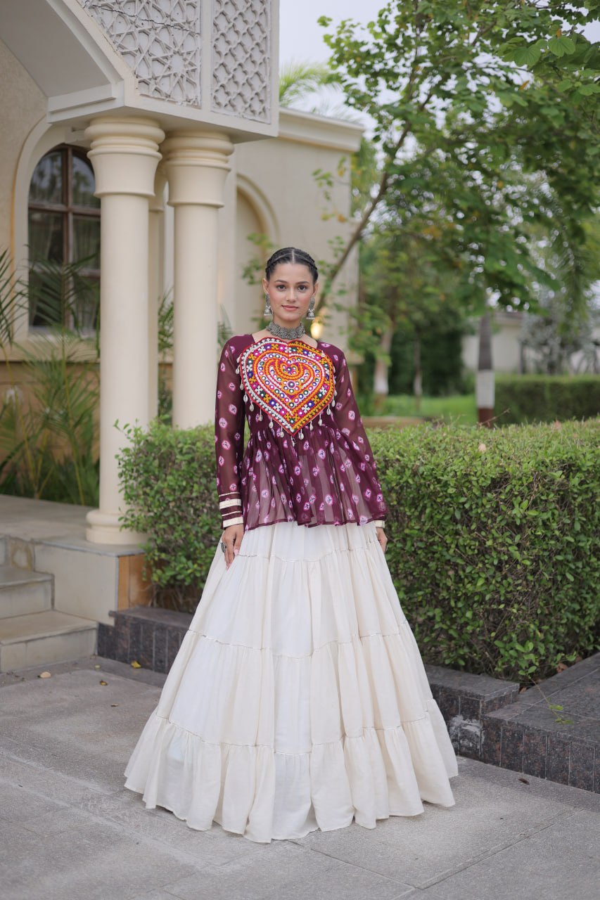 Royal Bandhani Kutchi Patchwork Top with White Flared Festive Lehenga