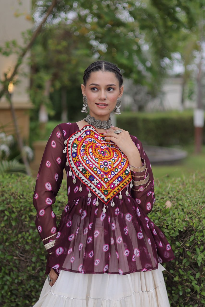 Royal Bandhani Kutchi Patchwork Top with White Flared Festive Lehenga
