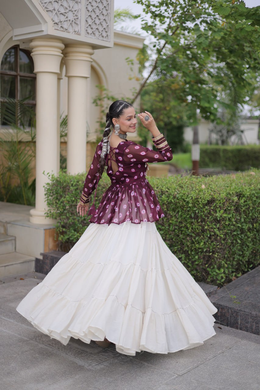Royal Bandhani Kutchi Patchwork Top with White Flared Festive Lehenga