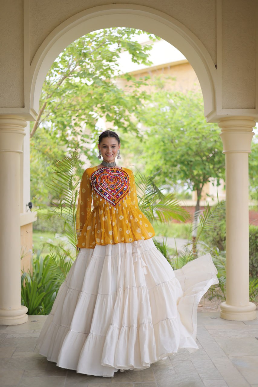 Royal Bandhani Kutchi Patchwork Top with White Flared Festive Lehenga