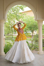 Royal Bandhani Kutchi Patchwork Top with White Flared Festive Lehenga