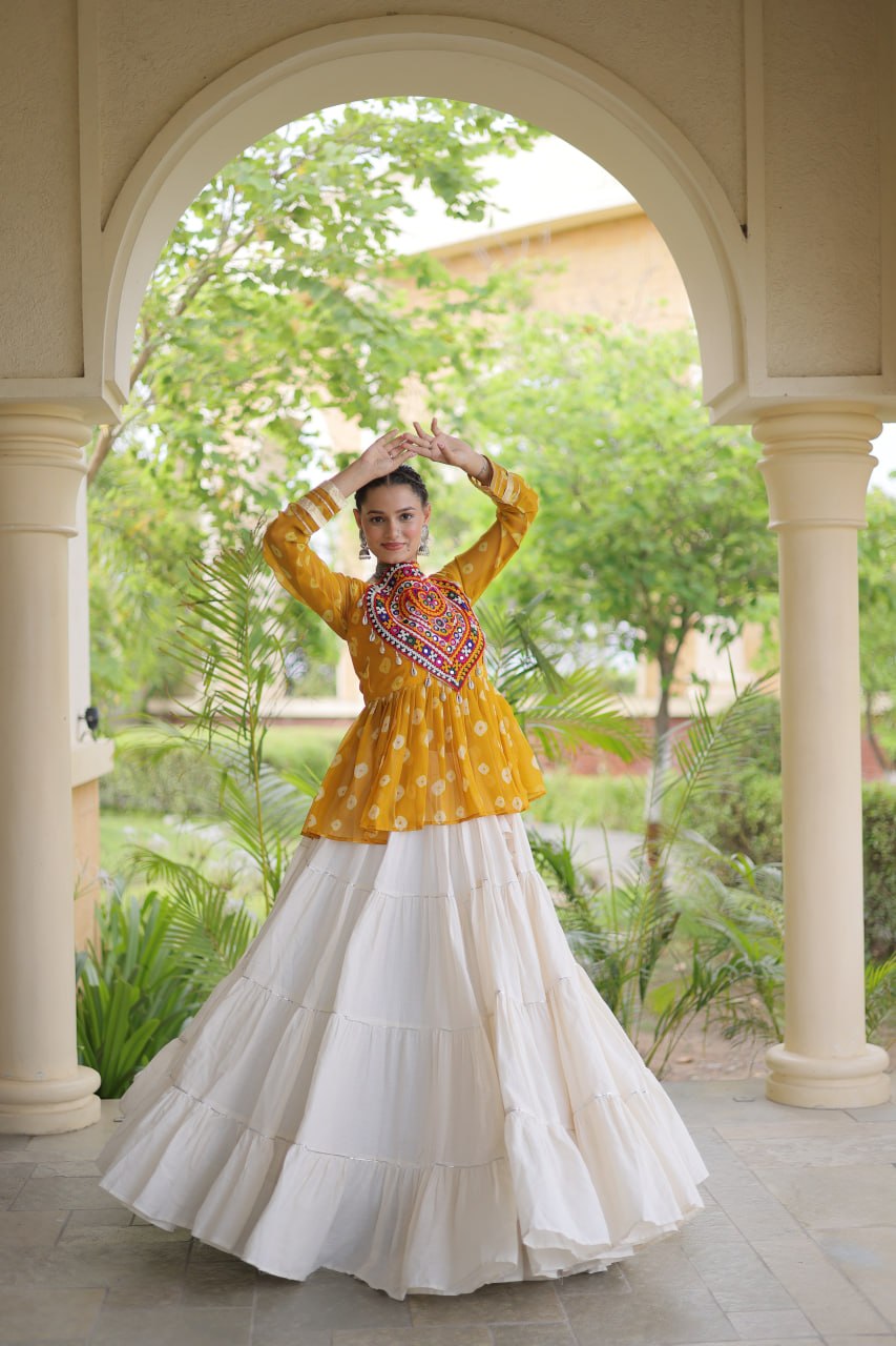 Royal Bandhani Kutchi Patchwork Top with White Flared Festive Lehenga