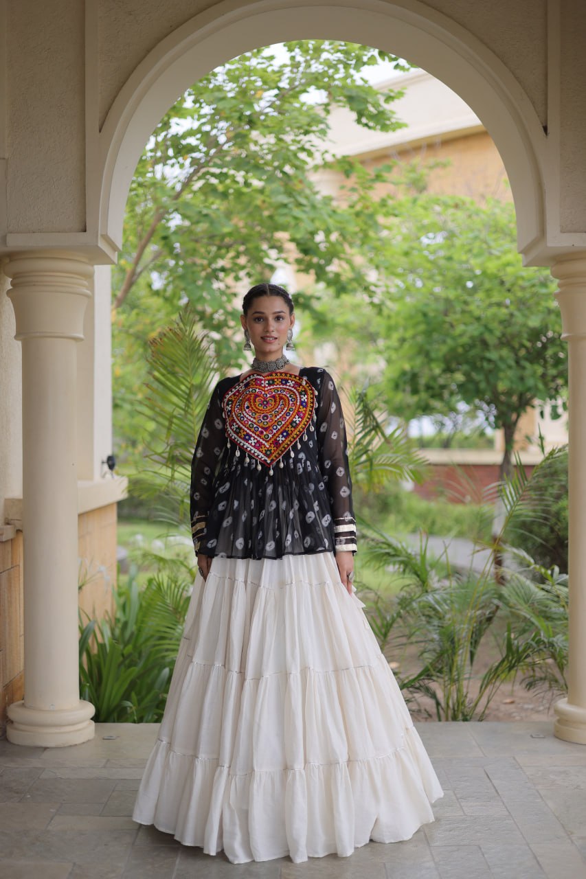 Royal Bandhani Kutchi Patchwork Top with White Flared Festive Lehenga