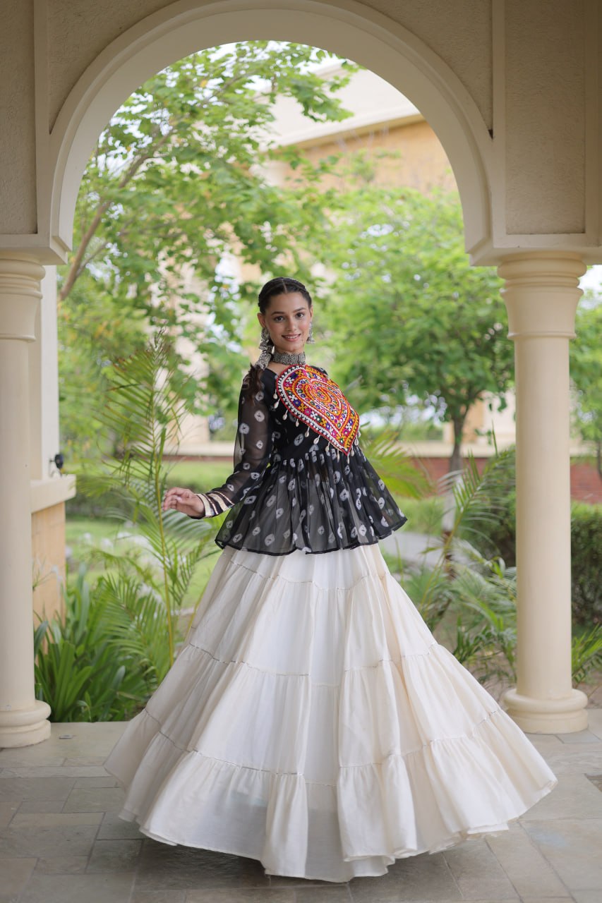 Royal Bandhani Kutchi Patchwork Top with White Flared Festive Lehenga
