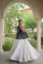 Royal Bandhani Kutchi Patchwork Top with White Flared Festive Lehenga