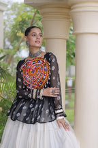 Royal Bandhani Kutchi Patchwork Top with White Flared Festive Lehenga