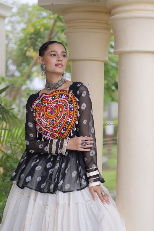 Royal Bandhani Kutchi Patchwork Top with White Flared Festive Lehenga