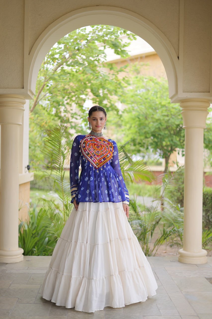 Royal Bandhani Kutchi Patchwork Top with White Flared Festive Lehenga