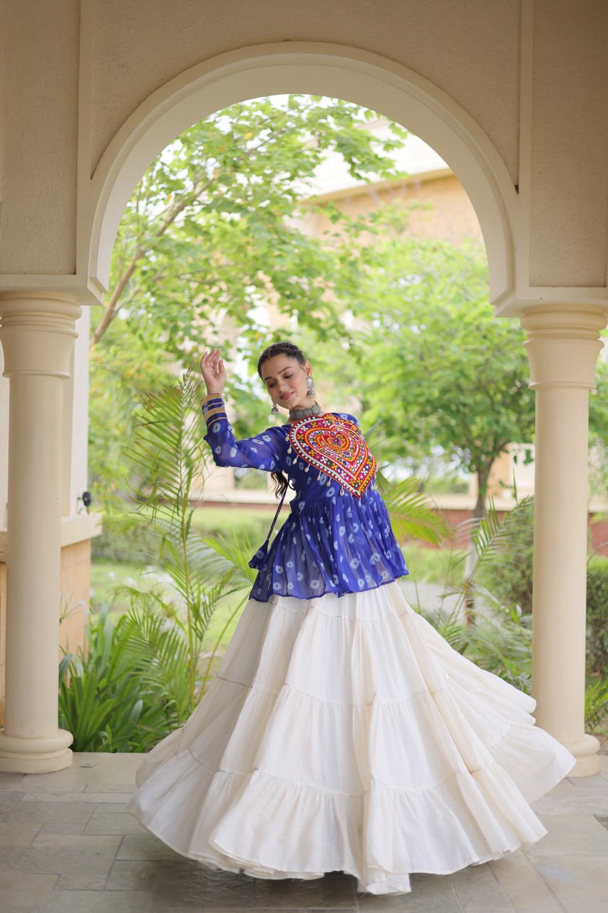 Royal Bandhani Kutchi Patchwork Top with White Flared Festive Lehenga