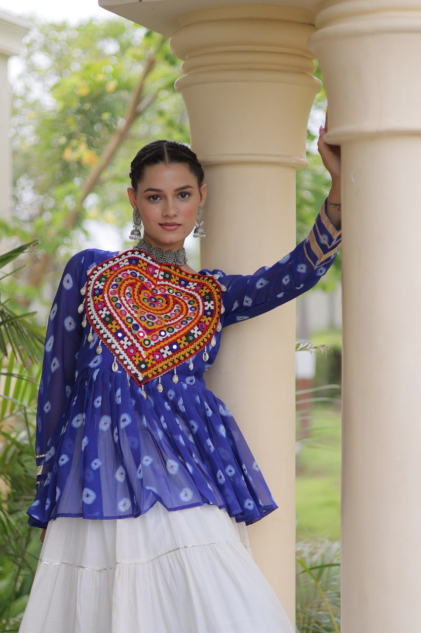 Royal Bandhani Kutchi Patchwork Top with White Flared Festive Lehenga