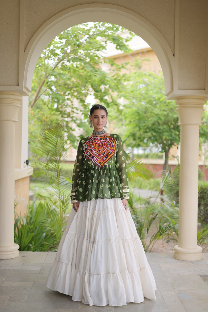 Royal Bandhani Kutchi Patchwork Top with White Flared Festive Lehenga