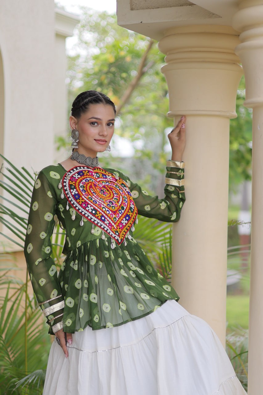 Royal Bandhani Kutchi Patchwork Top with White Flared Festive Lehenga