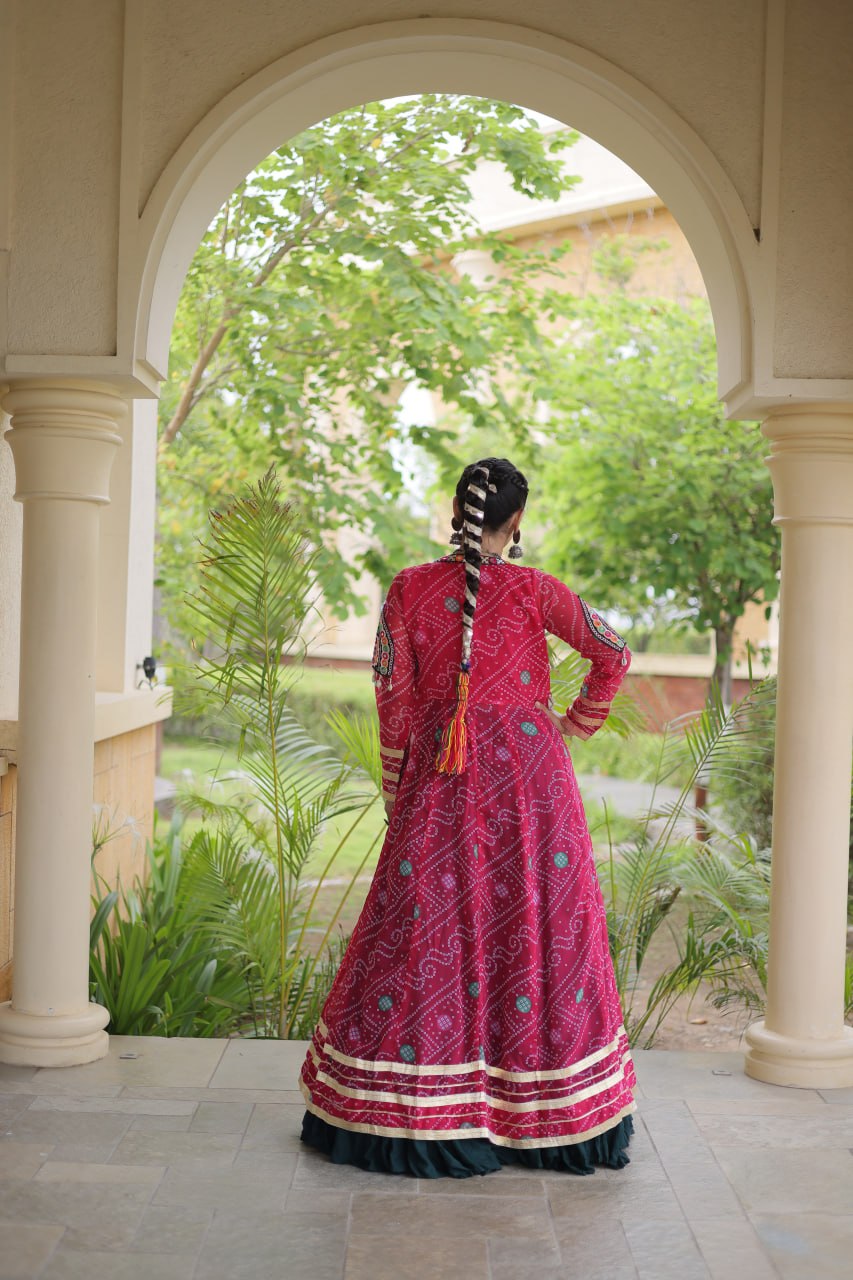Desginer Flared Rayon Lehenga with Kutchi Blouse & Bandhani Shrug Festive Set