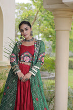 Desginer Flared Rayon Lehenga with Kutchi Blouse & Bandhani Shrug Festive Set