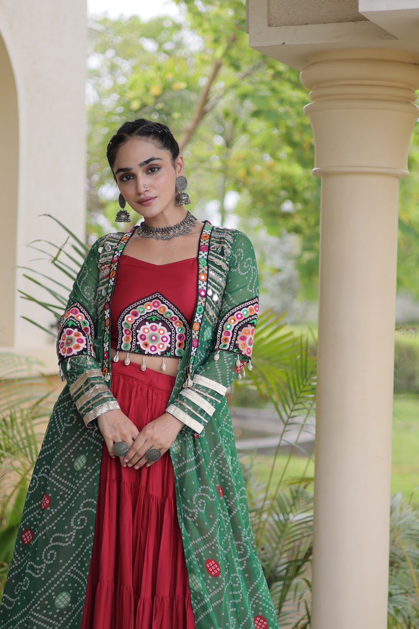 Desginer Flared Rayon Lehenga with Kutchi Blouse & Bandhani Shrug Festive Set