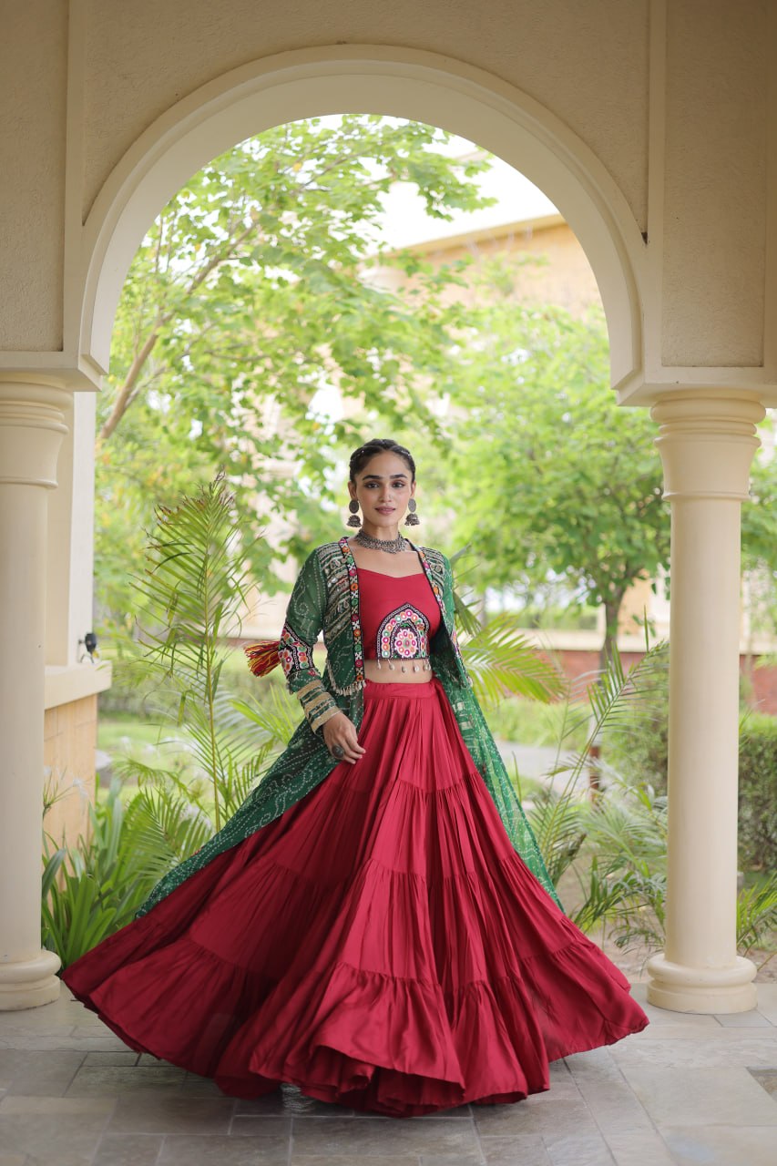 Desginer Flared Rayon Lehenga with Kutchi Blouse & Bandhani Shrug Festive Set