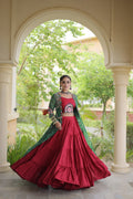 Desginer Flared Rayon Lehenga with Kutchi Blouse & Bandhani Shrug Festive Set