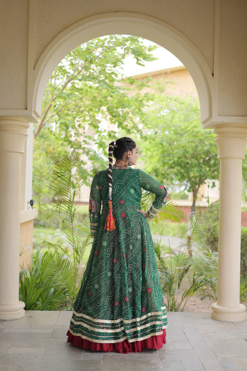 Desginer Flared Rayon Lehenga with Kutchi Blouse & Bandhani Shrug Festive Set