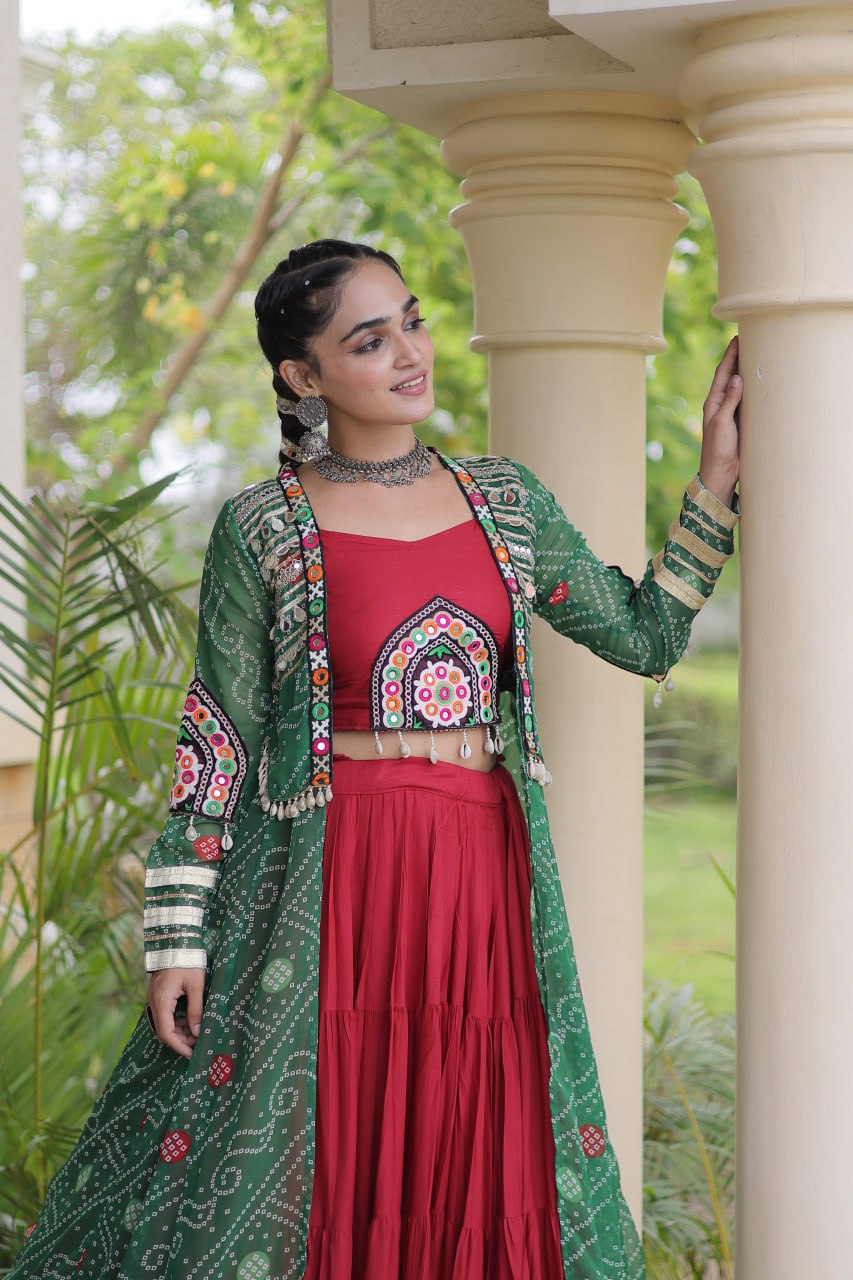 Desginer Flared Rayon Lehenga with Kutchi Blouse & Bandhani Shrug Festive Set