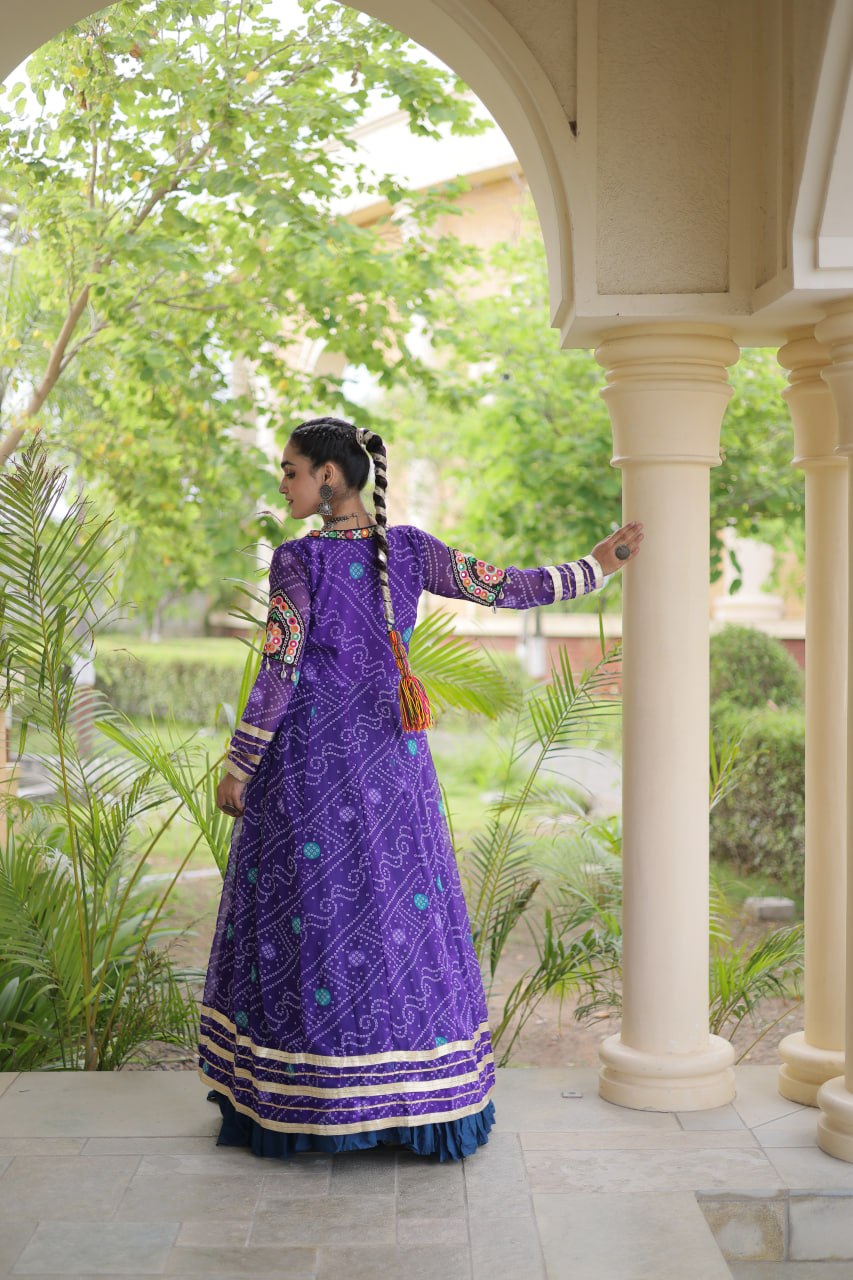 Desginer Flared Rayon Lehenga with Kutchi Blouse & Bandhani Shrug Festive Set