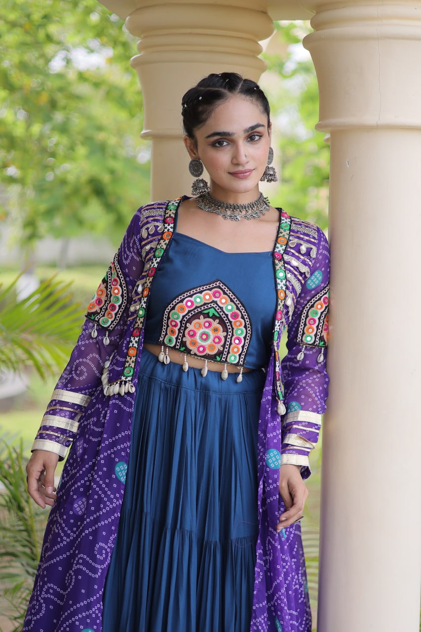 Desginer Flared Rayon Lehenga with Kutchi Blouse & Bandhani Shrug Festive Set