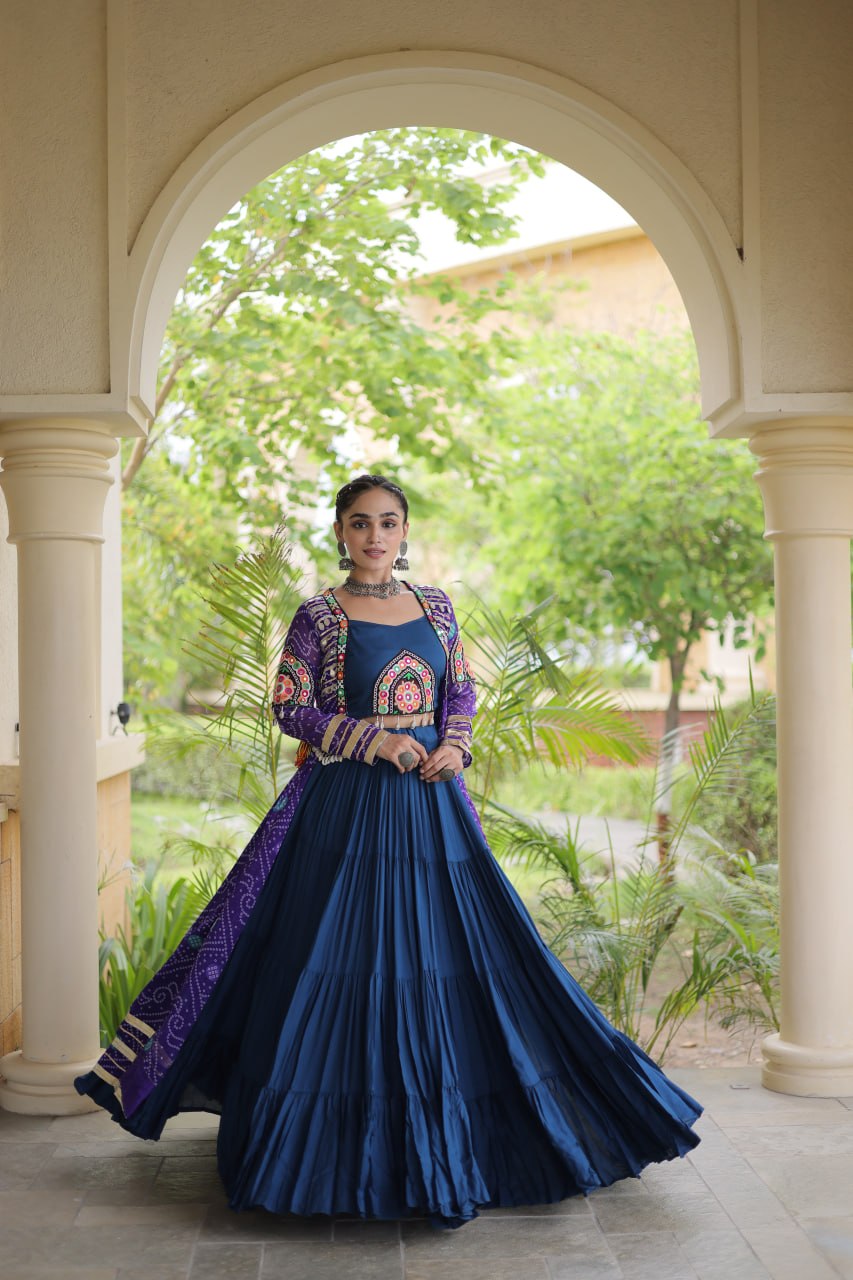 Desginer Flared Rayon Lehenga with Kutchi Blouse & Bandhani Shrug Festive Set