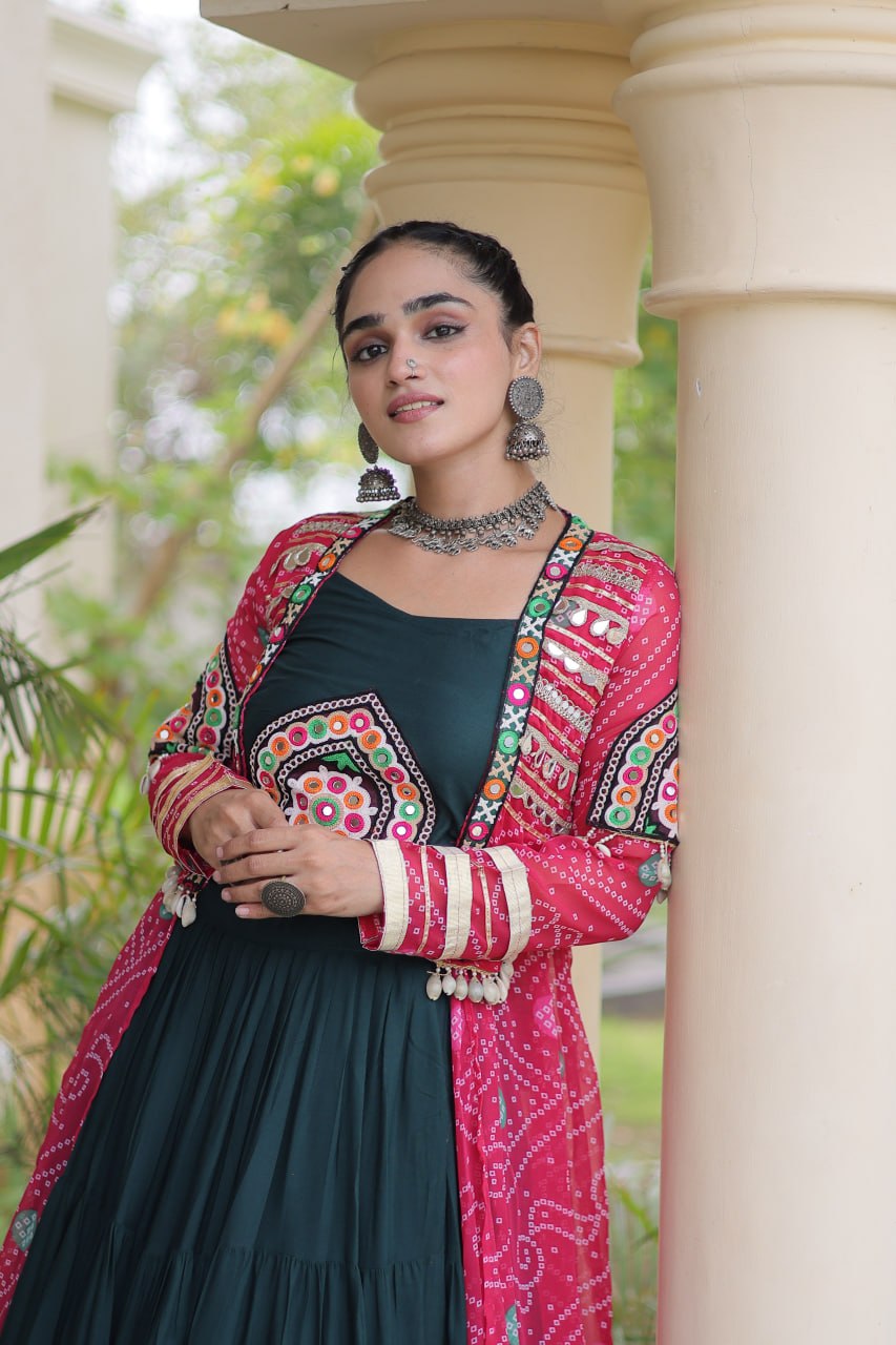 Desginer Flared Rayon Lehenga with Kutchi Blouse & Bandhani Shrug Festive Set