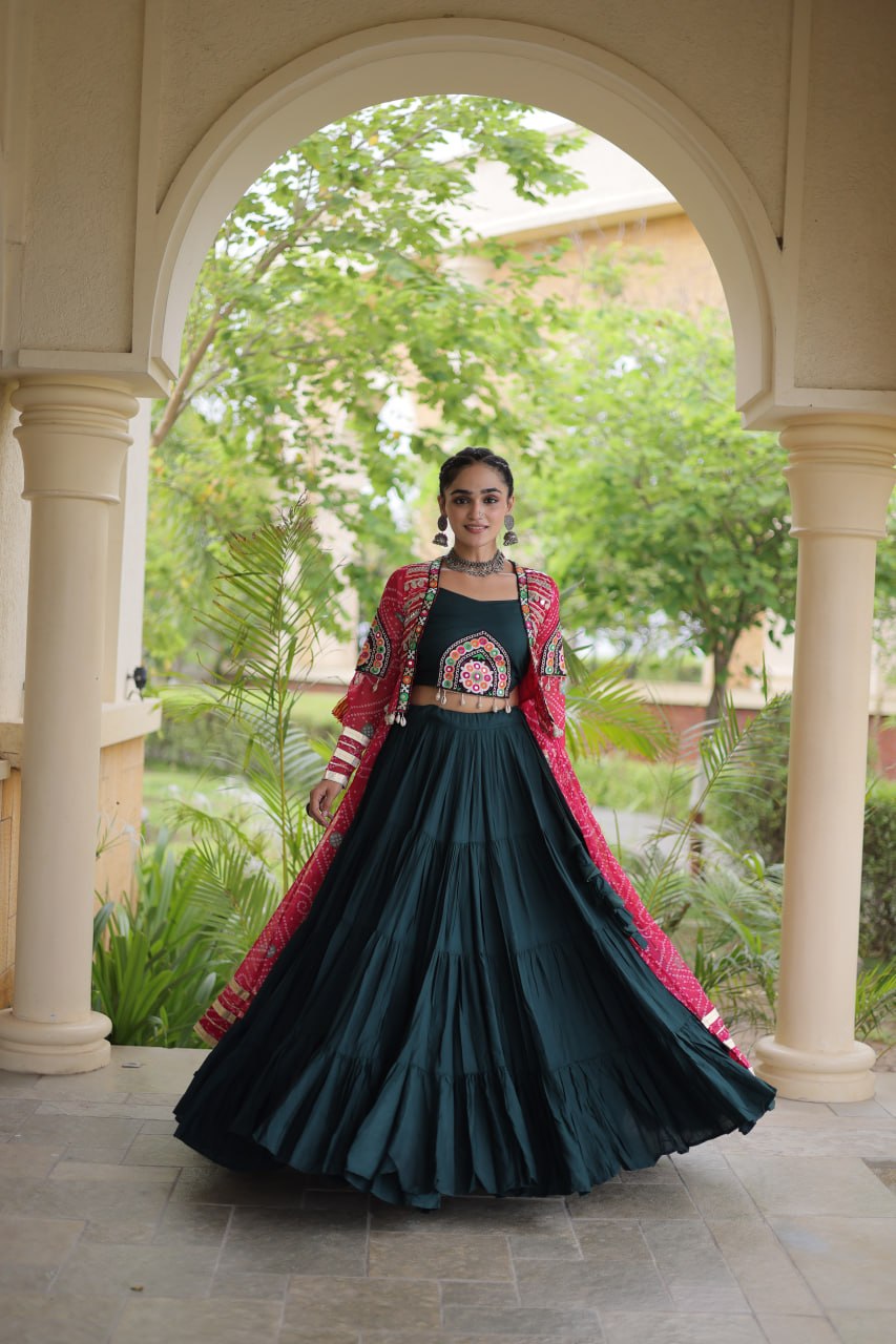 Desginer Flared Rayon Lehenga with Kutchi Blouse & Bandhani Shrug Festive Set