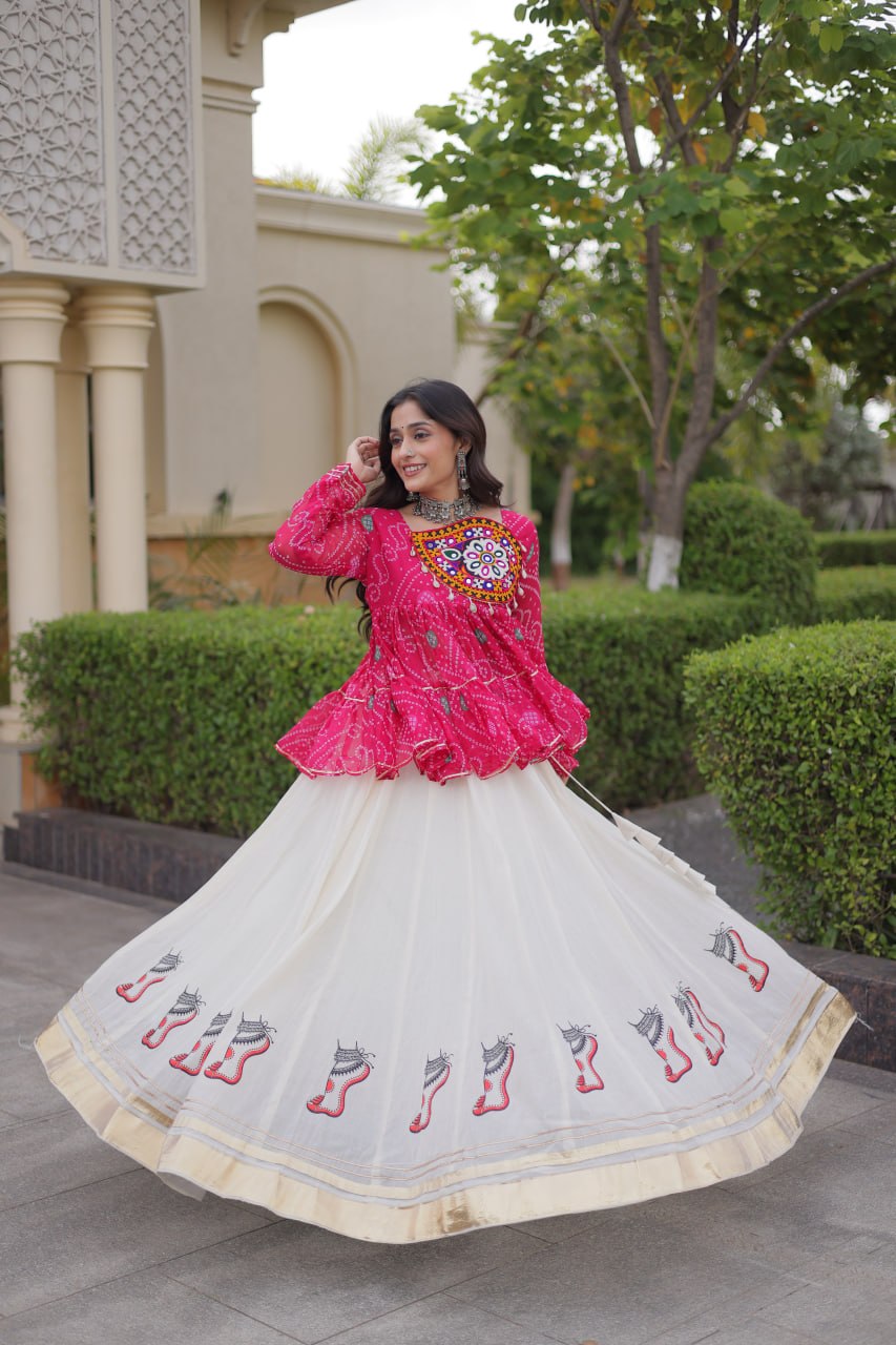 Royal Cotton Bandhani Print work with Kutchi Gamthi Patchework Work Lehenga With Blouse For Garba