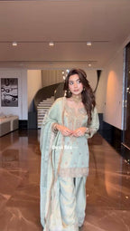 Mint Green Chinnon Embroidered Kurta Farshi Salwar with Sequin Work & Golden Lace Dupatta