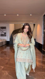 Mint Green Chinnon Embroidered Kurta Farshi Salwar with Sequin Work & Golden Lace Dupatta