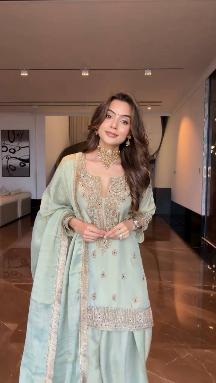 Mint Green Chinnon Embroidered Kurta Farshi Salwar with Sequin Work & Golden Lace Dupatta