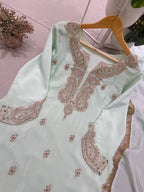 Mint Green Chinnon Embroidered Kurta Farshi Salwar with Sequin Work & Golden Lace Dupatta
