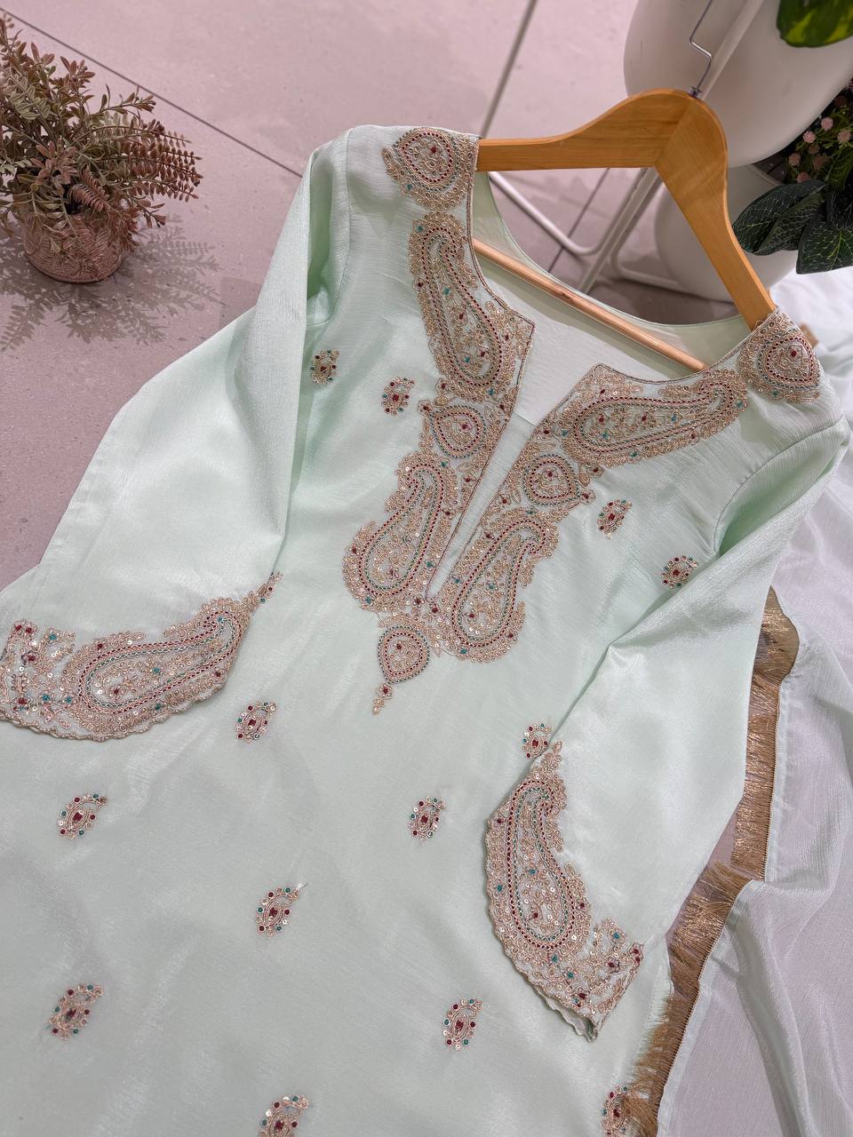 Mint Green Chinnon Embroidered Kurta Farshi Salwar with Sequin Work & Golden Lace Dupatta
