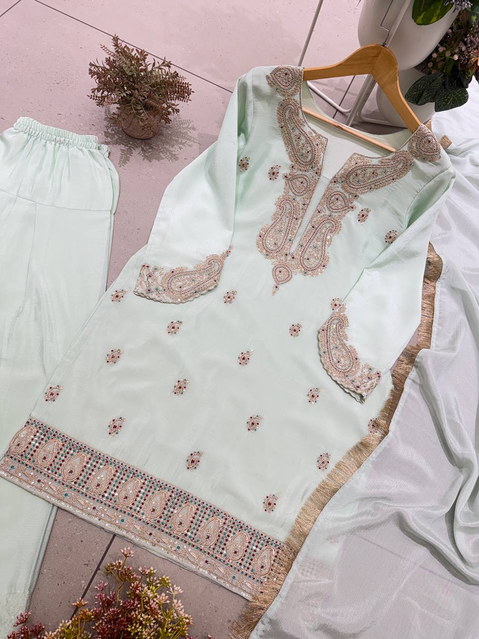 Mint Green Chinnon Embroidered Kurta Farshi Salwar with Sequin Work & Golden Lace Dupatta