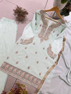 Mint Green Chinnon Embroidered Kurta Farshi Salwar with Sequin Work & Golden Lace Dupatta