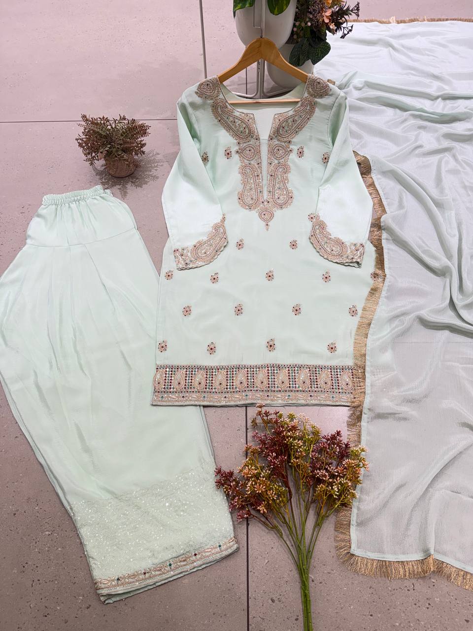 Mint Green Chinnon Embroidered Kurta Farshi Salwar with Sequin Work & Golden Lace Dupatta