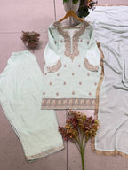 Mint Green Chinnon Embroidered Kurta Farshi Salwar with Sequin Work & Golden Lace Dupatta
