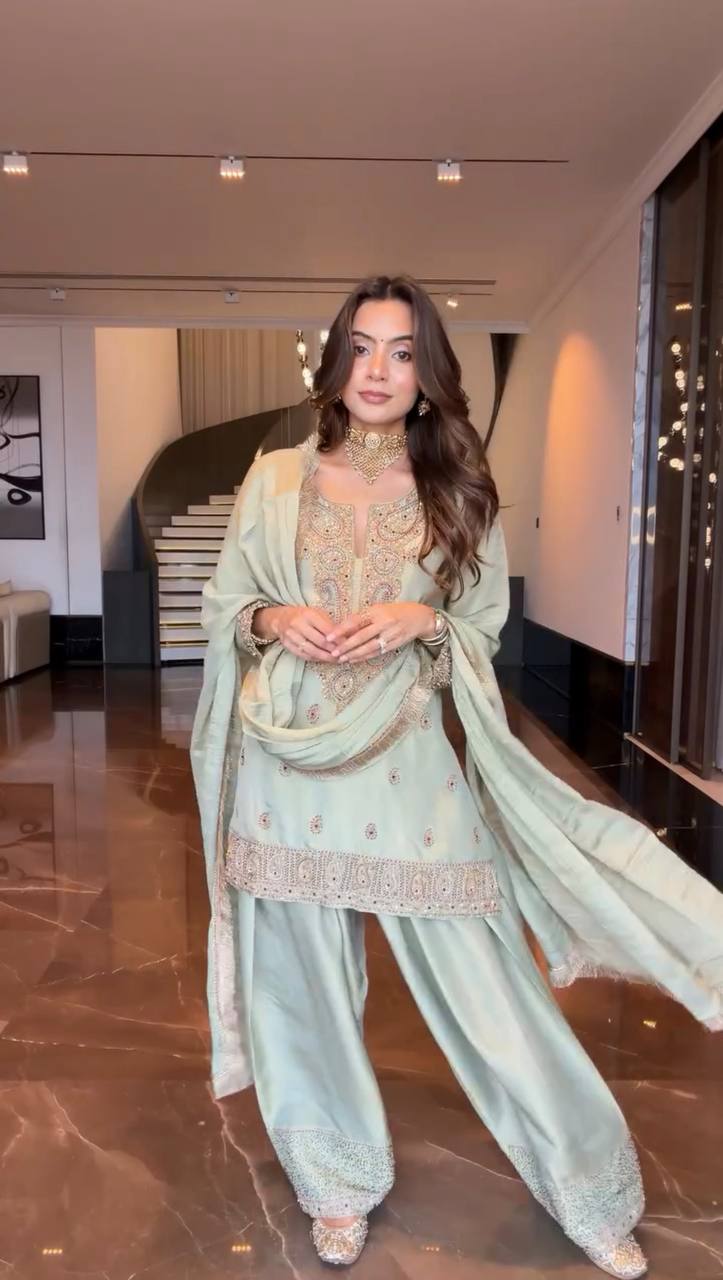 Mint Green Chinnon Embroidered Kurta Farshi Salwar with Sequin Work & Golden Lace Dupatta