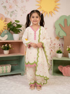 Kids Off -White Chanderi Cotton Farshi Salwar Suit with Multicolor Embroidery & Fancy Dupatta
